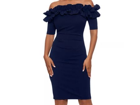 XSCAPE Women s Brynleigh Short Scuba Crepe Ruffle Top Dress Size 14 Navy For Discount