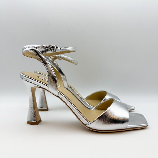 Badgley Mischka Women s Cady Sandals 9.5 Silver Leather Square Toe High Heel Online Hot Sale