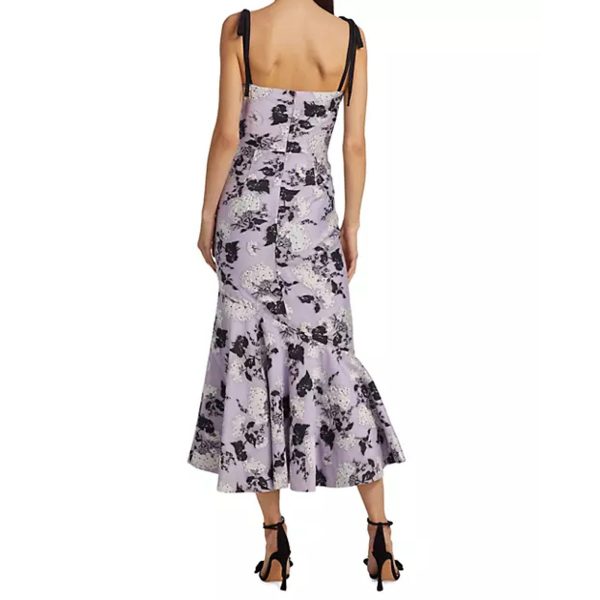 ML MONIQUE LHUILLIER Midi Dress Size 8 Purple Black Floral Jacquard Flounce Online Sale