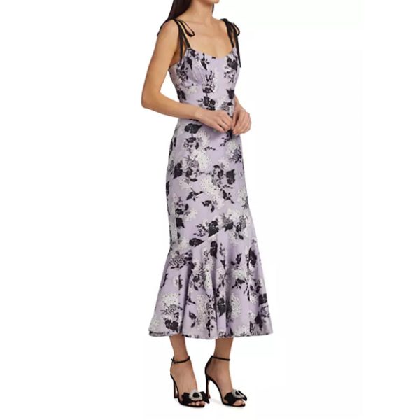 ML MONIQUE LHUILLIER Midi Dress Size 8 Purple Black Floral Jacquard Flounce Online Sale