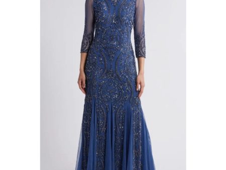 PISARRO NIGHTS Sequin Beaded Illusion Gown Size 2 Navy Blue Online Sale