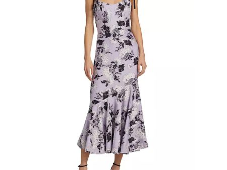 ML MONIQUE LHUILLIER Midi Dress Size 8 Purple Black Floral Jacquard Flounce Online Sale