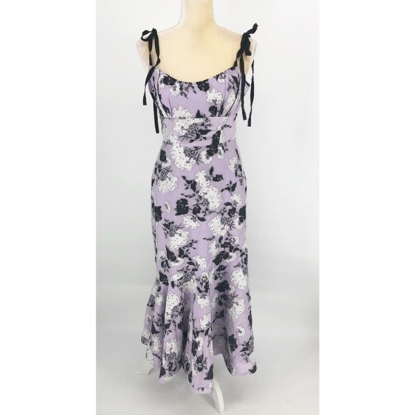 ML MONIQUE LHUILLIER Midi Dress Size 8 Purple Black Floral Jacquard Flounce Online Sale